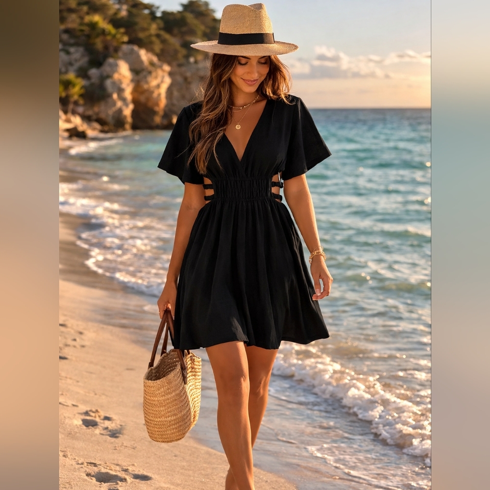 Shein V Neck Black Dress Size Small / Med Side Cutouts  Summer Bikini Cover